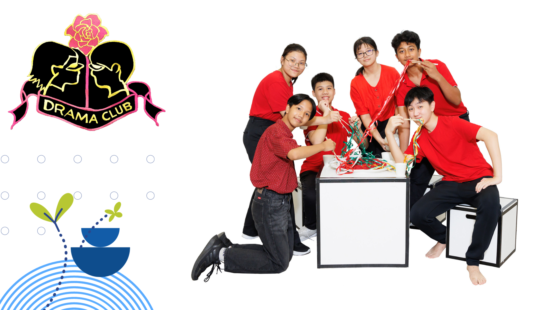 Five students in red shirts pose around a white cube with colorful ribbons, next to a Drama Club badge.